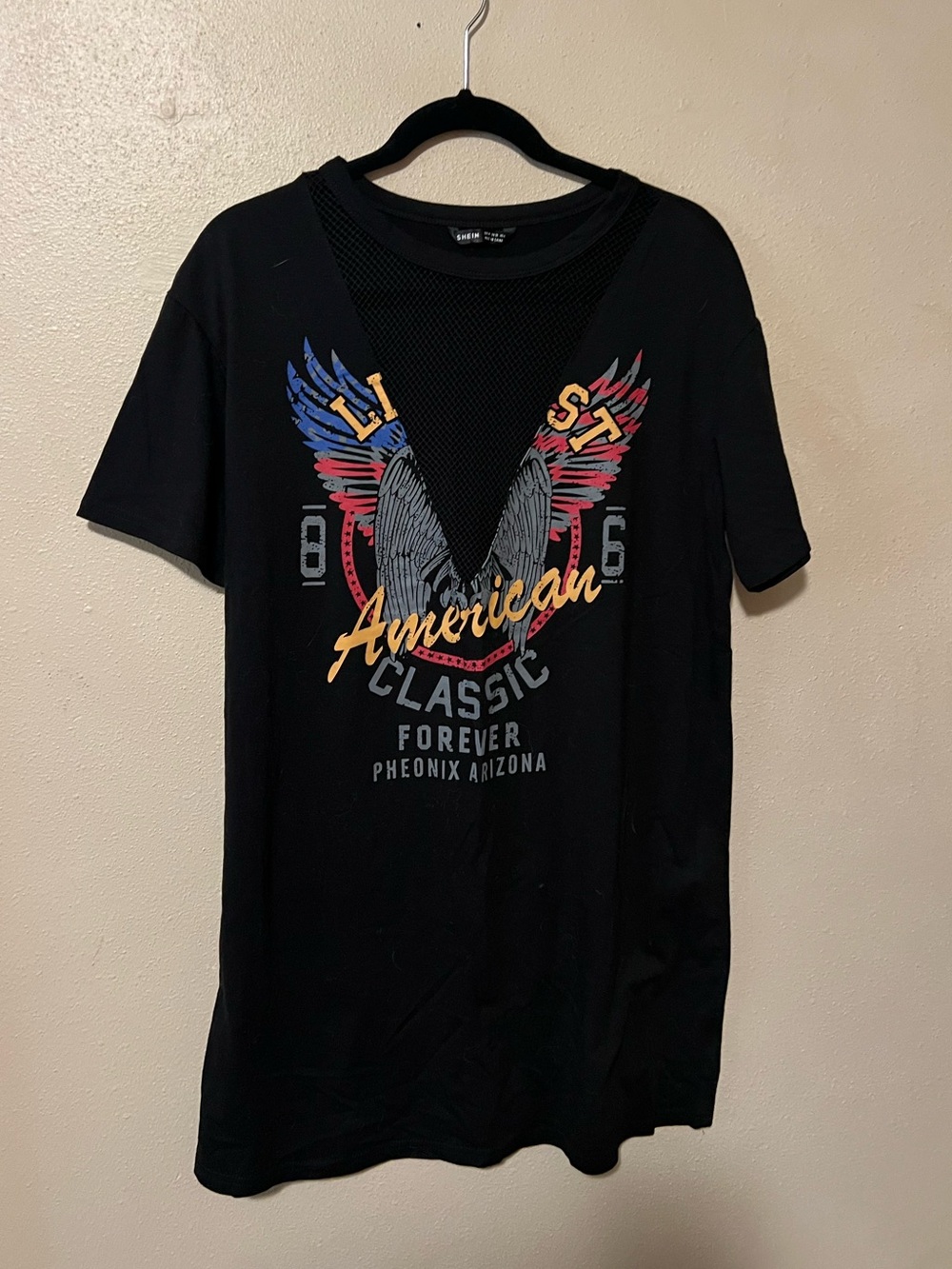 SHEIN Black Short Sleeve T shirt dress with Colorful Wing Graphic